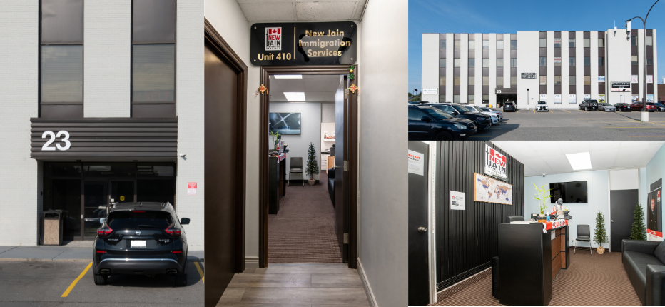 New Jain Immigration Services office at 23 Westmore Drive, Etobicoke — building exterior, entrance, and reception area